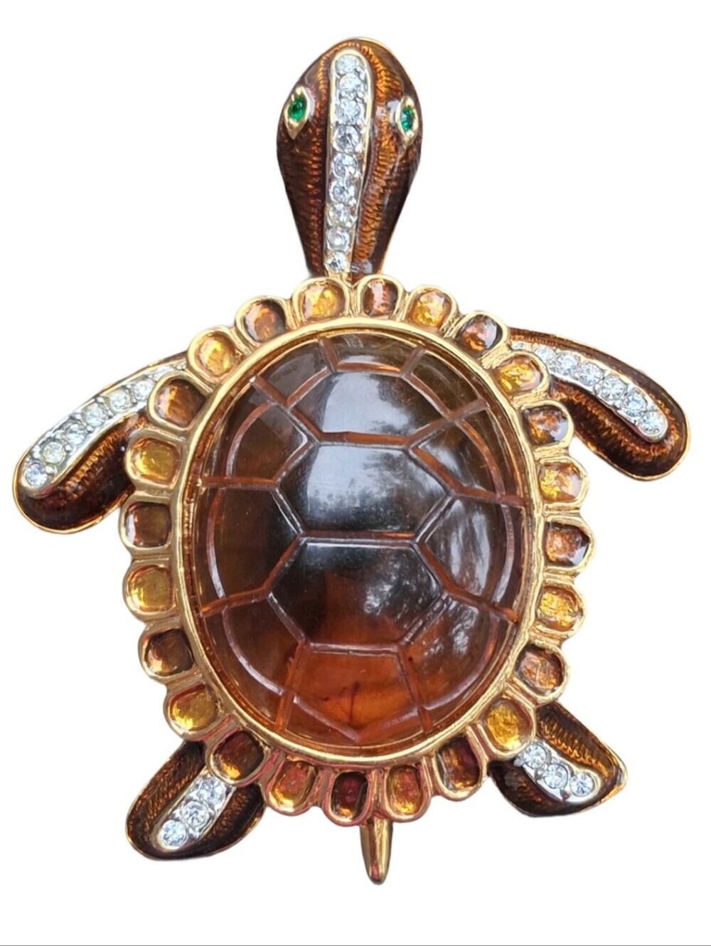 Vintage Enamel Rhinestone Statement Turtle Brooch Amber Lucite Cabochon Large